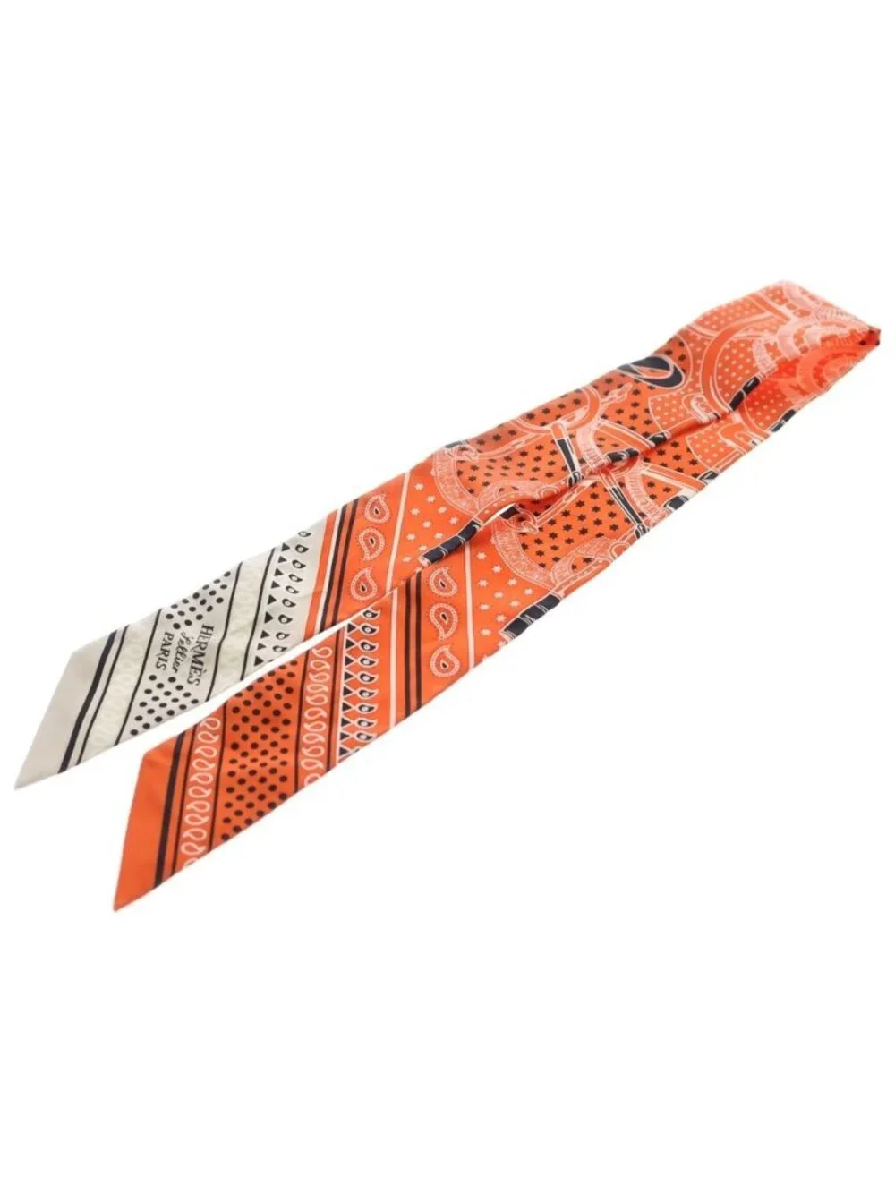 Hermes Eperon D'or Cut Apron Cut Bandana Pattern Silk Scarf Orange White
